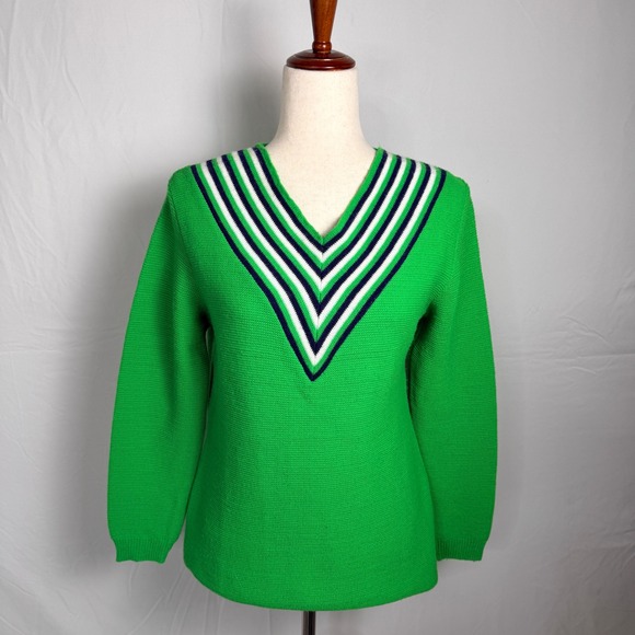 unbranded Sweaters - Vintage 70s Retro Green Striped V-Neck Knit Sweater Varsity Preppy Zip Back Top